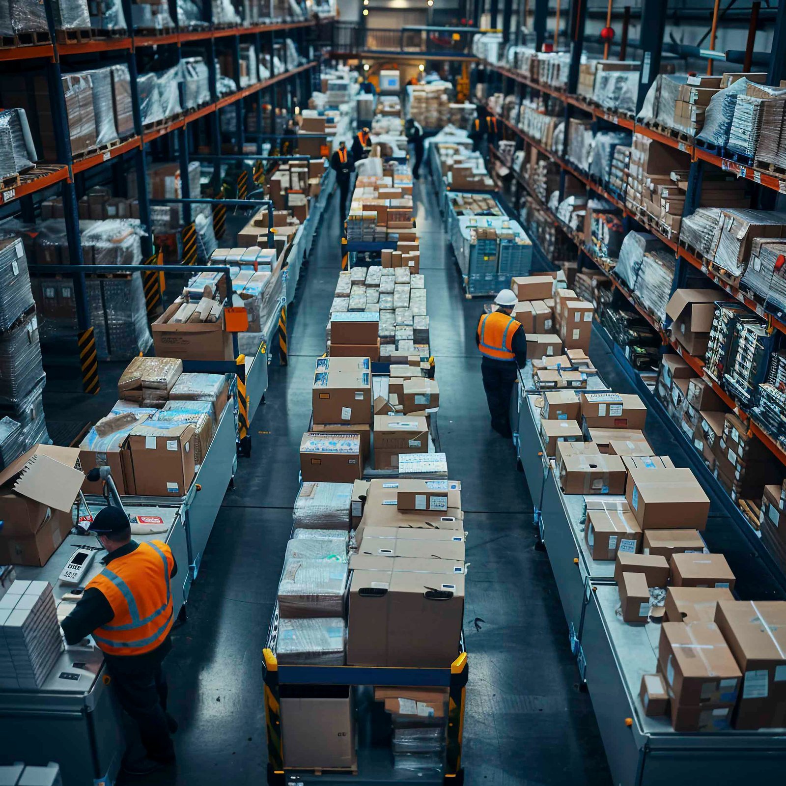 Warehouse team handling parcels and pallets in a fulfilment center