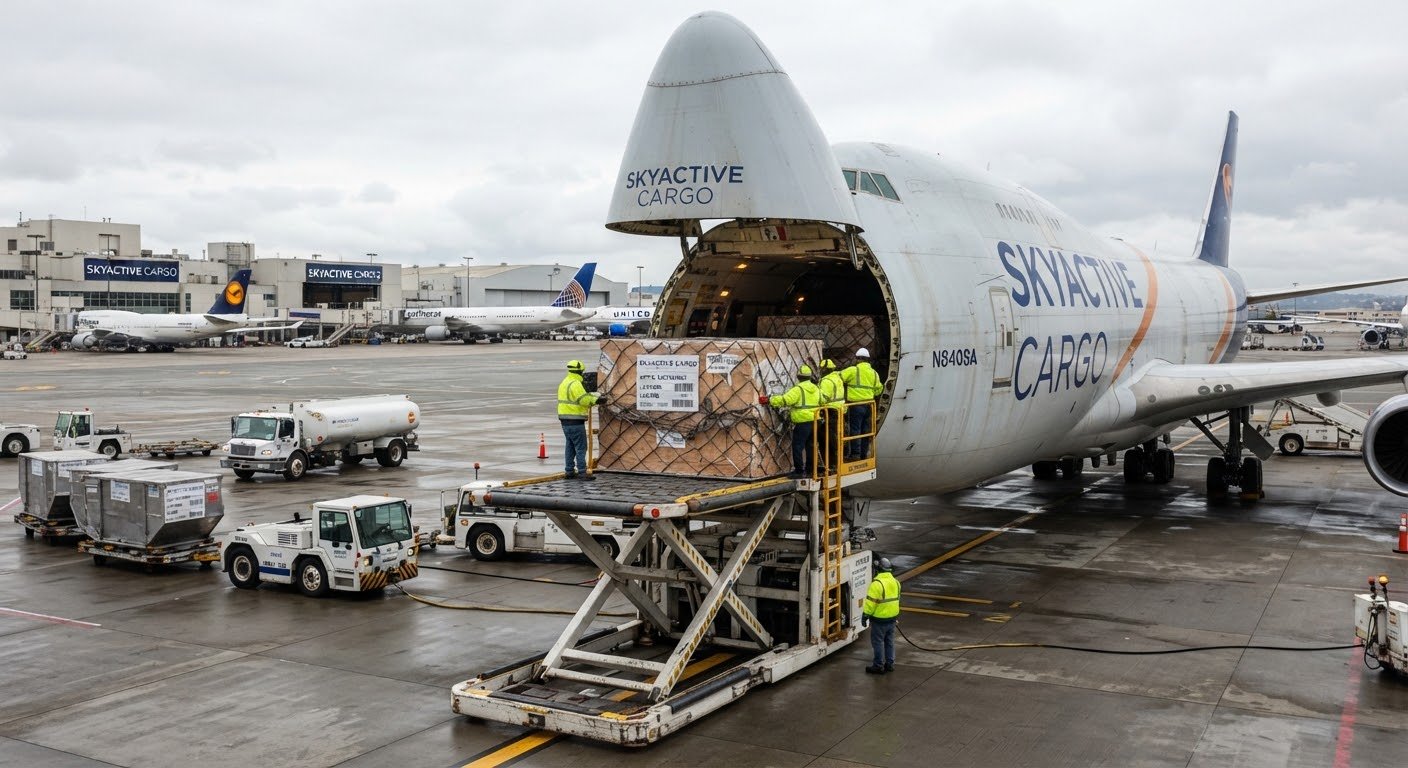 Ground crew loading a pallet through the nose door of a cargo aircraft